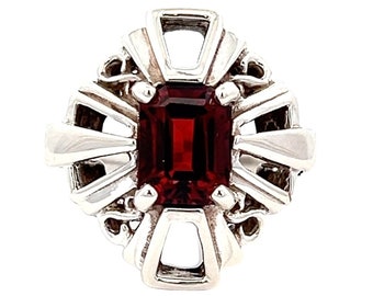KABANA Unique Geometric Sterling Silver Garnet Ring w Art Deco Flair - Budget Friendly Statement Ring - January Birthstone Ring