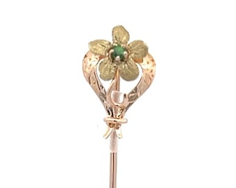 Vintage 10k Yellow & Green Gold Flower Stick Pin with Tsavorite Garnet - Elegant Delicate Floral Statement Piece