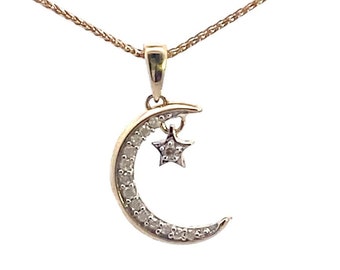 Diamond Crescent Moon Star Pendant: 10k Yellow Gold Celestial Jewelry