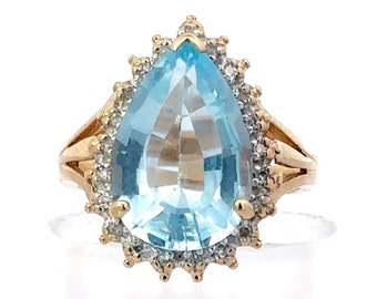 Powder Blue Topaz & Diamond Halo Ring 10k Yellow Gold December Birth Stone Engagement