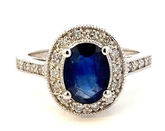 Blue Sapphire & Diamond Halo Ring 14k White Gold Navy Dark September Birthstone Engagement