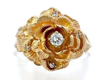 1/4 Carat Diamond Rose in Bloom Engagement Ring 14k Yellow Gold Flower Floral