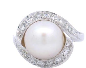 14k White Gold Pearl Ring with Diamond Accents Swirl Halo Design Vintage Engagement Jewelry