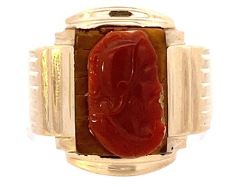 Carnelian & Tiger's Eye Cameo Ring 10k Yellow Gold Men's Art Deco Signet