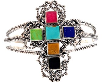 Sterling Silver Multi-Gemstone Cross Cuff Bracelet: Southwestern Boho