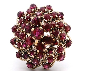Vintage 10K Yellow Gold Ruby Ring: Retro Swirl Cocktail Ring