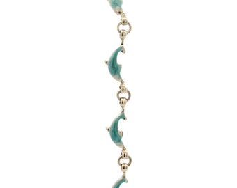 14k Yellow Gold Dolphin Bracelet: Teal Enamel Ocean Link Jewelry