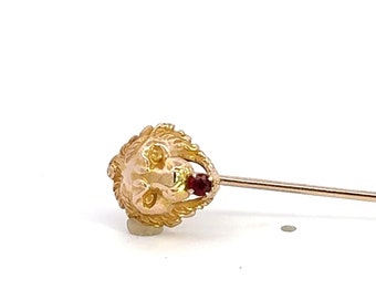 Victorian Lion Head Stick Pin with Synthetic Ruby in 10k Yellow Gold