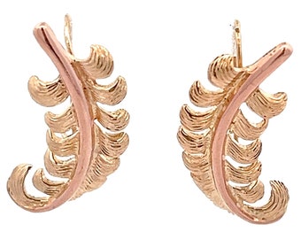 14k Yellow Gold Feather Earrings: Textured Drop Jewelry
