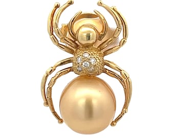 18k Yellow Gold Spider Lapel Pin with Golden Pearl Body & Pave Diamond Details - Unique Statement Accessory Piece - Unisex Lapel Pin Jewelry