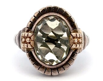 Green Quartz Sterling Silver Ring: Bali Design, 14kt Gold Accents, Size 6 3/4