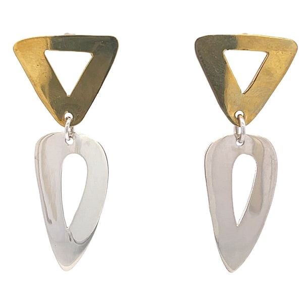Sterling Silver and Brass Taxco Artisan Signed Triangle Dagger Earrings - Unique Geometric Statement Jewelry with Friction Back Posts