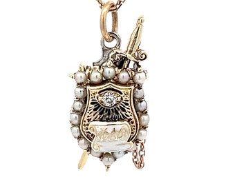 10k Yellow Gold Phi Delta Theta ΦΔΘ Fraternity Seed Pearl & Diamond Badge Pendant - Brotherhood - Vintage Greek Pendant - Greek Life