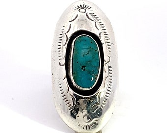 Long Statement Ring Sterling Silver Turquoise South Western Signed