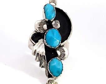 Sterling Silver Turquoise Ring Black Antiquing Elongated