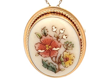 12k Yellow Gold Filled Brooch w/ Lenox Porcelain Center - Versatile Vintage Floral Wearable Art - Wear it Two Ways - Unique Statement Piece