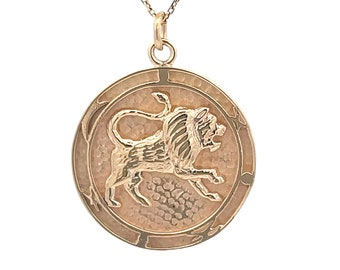 14k Yellow Gold Leo Lion Disc Charm - Hammered Texture, Zodiac Statement Jewelry