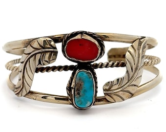 Sterling Silver Turquoise and Coral Cuff Bracelet - Southwest Statement Jewelry with Feather Detailing