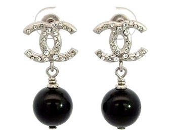 Vintage Chanel 2011 Spring Collection Rhinestone and Black Bead CC Logo Dangle Stud Earrings Designer Statement