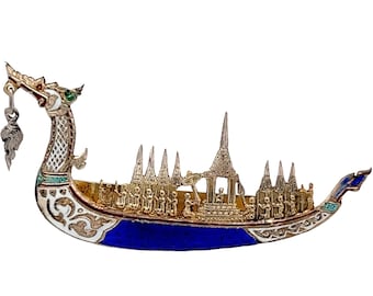 Siam Sterling Silver Gold Vermeil Tie Clip Dragon Boat Vibrant Multicolored Enameling - Niello Enamel - Handcrafted in Thailand - Nielloware