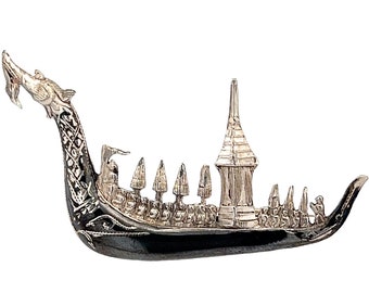 Siam Niello Sterling Silver Dragon Boat Pin Brooch Black Enamel - Niello Enamel - Handcrafted in Thailand - Nielloware - Vintage Gift Idea