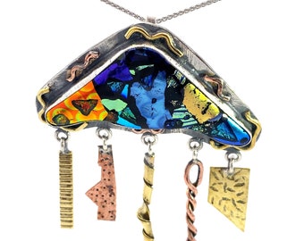 Art Glass Pendant Sterling Silver Brass & Copper Signed S. Leonardoy