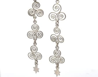 Long Swirl & Star Dangle Earrings Sterling Silver Spiral Fish Hook Top No Stones