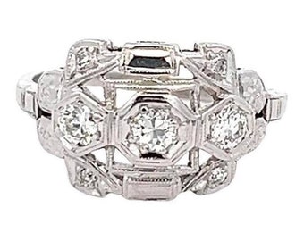 Platinum Art Deco Diamond Ring: Pierced Geometric Design
