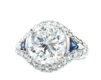 Antique Art Deco Platinum CZ Ring: Synthetic Sapphire & Diamond Halo