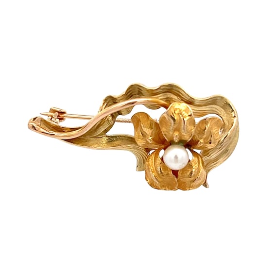 Hold Kori S - 10k Yellow Gold Iris Brooch: Cultured Pearl Floral Pin