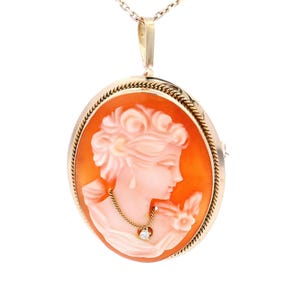 Vintage 14k Yellow Gold Cameo Pin Pendant: Carved Shell Diamond Accent