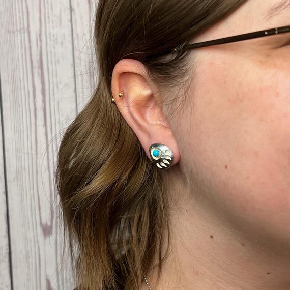 Sterling Silver Bear Paw Earrings: Turquoise Cabochon Southwestern Studs View 5