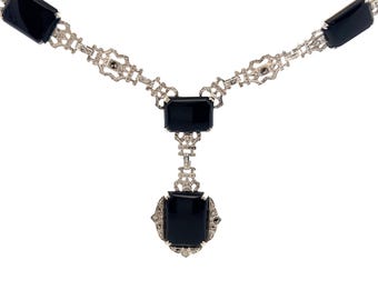 Sterling Silver Marcasite & Black Onyx Necklace Y-Shaped Geometric Art Deco Design Vintage Elegant Jewelry