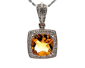 14k White Gold Citrine Pendant: Checkerboard Cut Diamond Halo