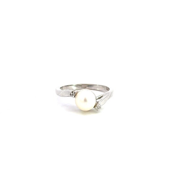 Cultured Pearl & Single Cut Diamond Ring 14k Whit… - image 1