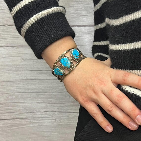 Sterling Silver Three Stone Turquoise Cuff Bracel… - image 7