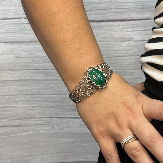 Sterling Silver Malachite Cuff Bracelet: Pierced … - image 7