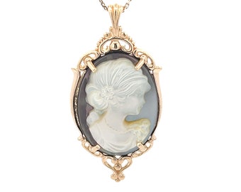 Vintage 14k Yellow Gold Cameo Pendant with Black & White Shell - Elegant Unique Woman Profile with Scroll Design Frame Signed "KBN"