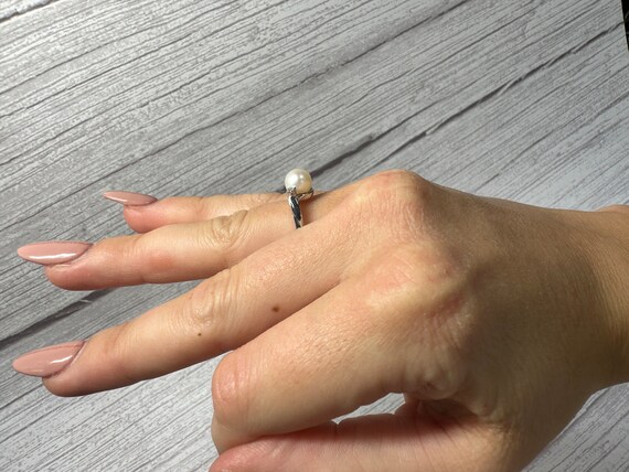 Cultured Pearl & Single Cut Diamond Ring 14k Whit… - image 6