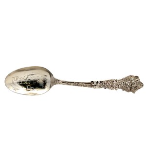 May include: A silver spoon with an ornate handle and the word "Portland" engraved on the bowl. The handle has a detailed floral and fruit design. The spoon is likely made of sterling silver.