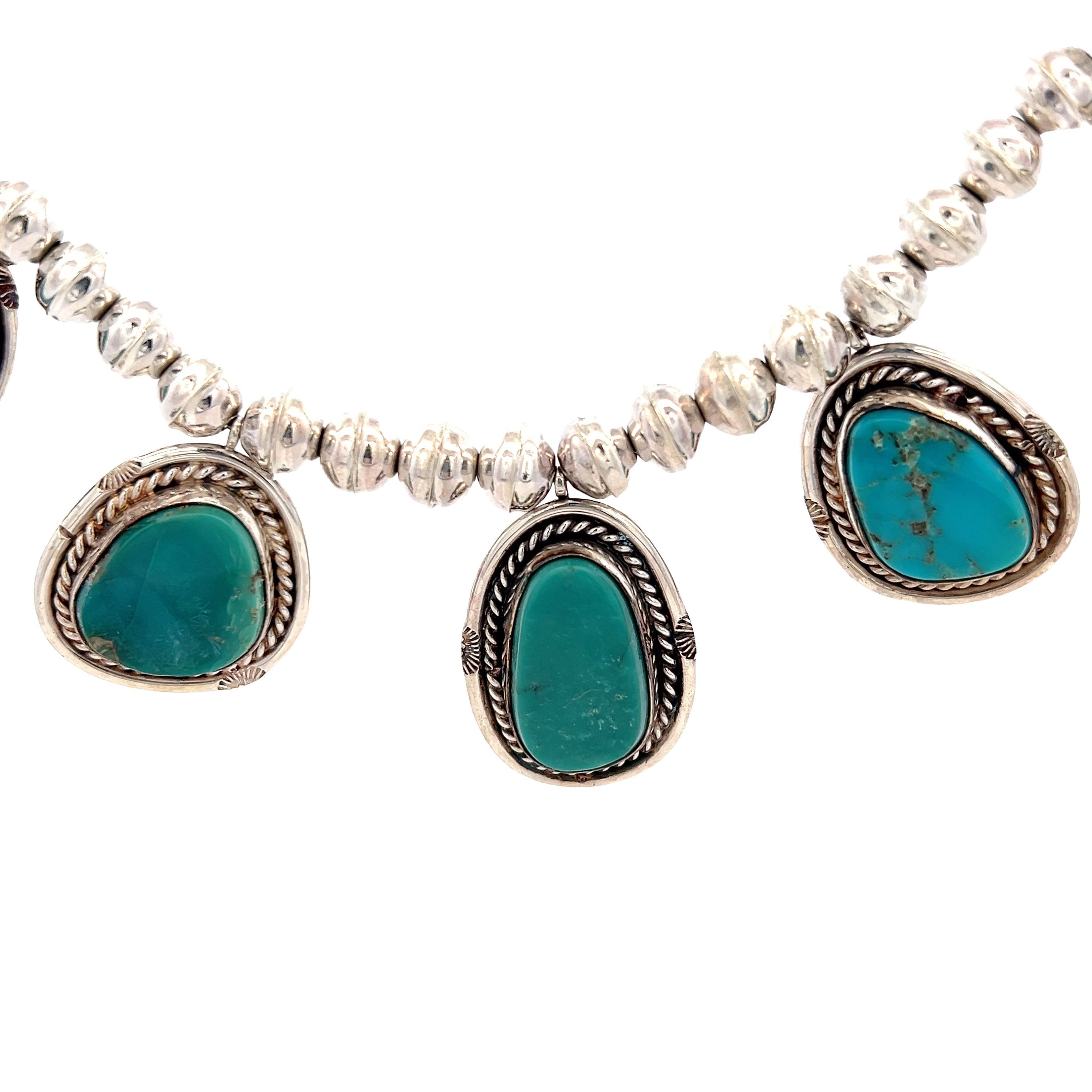Vintage Sterling Silver Beaded and Turquoise Necklace with Five Bezel Set Turquoise Pendant & Rope Details - Southwestern Statement Jewelry