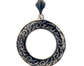 Sterling Silver Round Siam Niello Black Enamel Pendant - Niello Enamel - Handcrafted in Thailand - Nielloware - Vintage Gift Idea