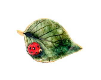 Whimsical Porcelain Leaf & Ladybug Brooch Pin - Nature Lover's Good Luck Symbol - Gardener Gift Idea - Perfect Nature Lover's Gift Idea