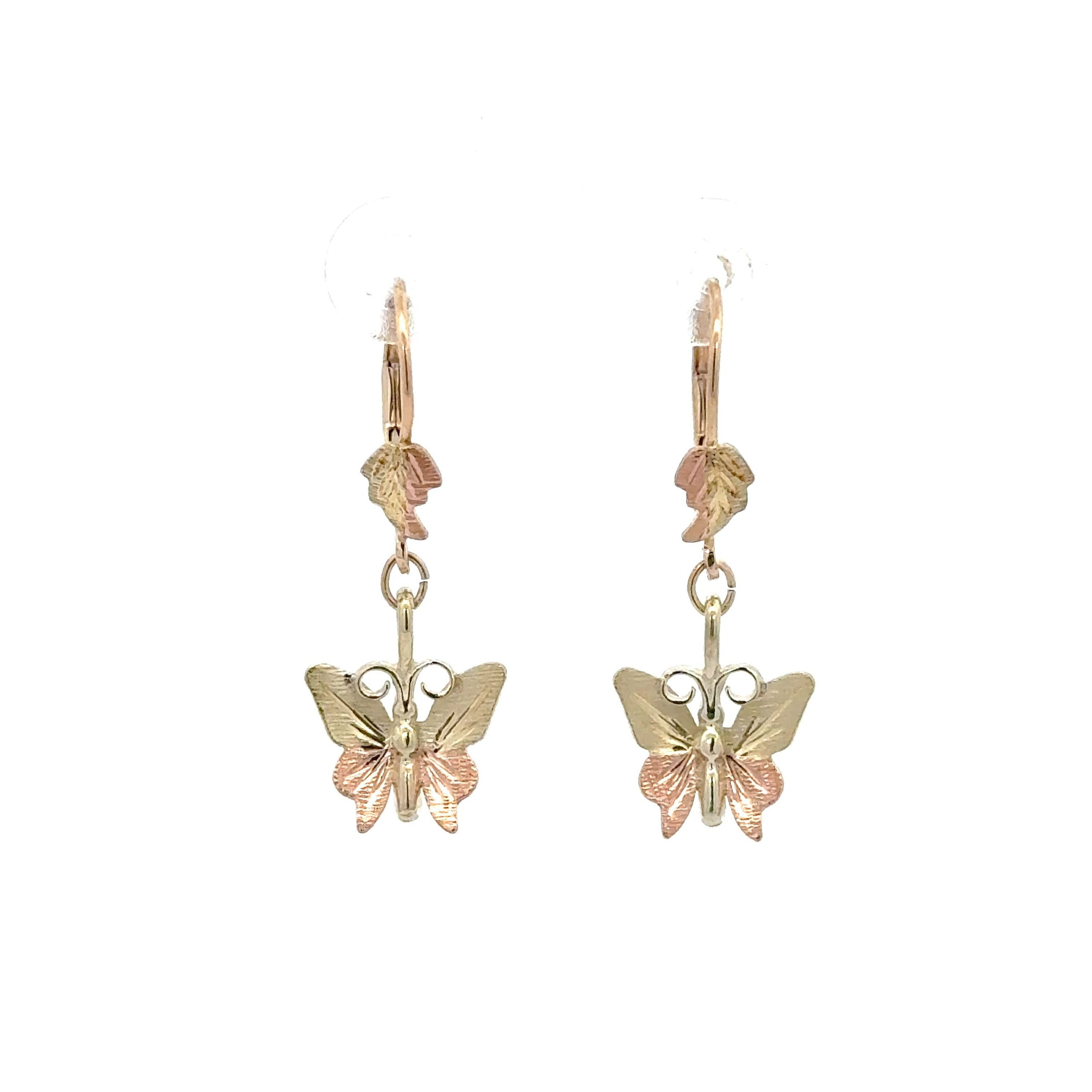 10k Black Hills Gold Butterfly Earrings Rose Green Gold Butterflies Yellow Gold Lever Back Tops Made by South Dakota Gold Company