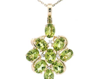 14K Gold Peridot Diamond Cluster Pendant: August Birthstone Jewelry