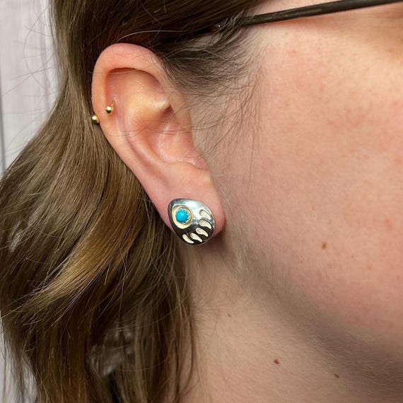 Sterling Silver Bear Paw Earrings: Turquoise Cabochon Southwestern Studs View 6