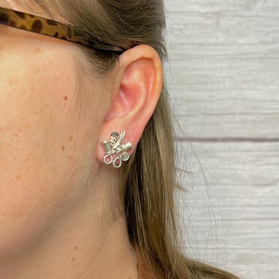 Sterling Silver Sewing Earrings Scissors Spool Th… - image 7