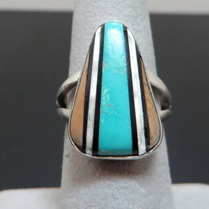 Unique Inlaid Turquoise Mother of Pearl Black Onyx & Wood Sterling Silver Ring Southwestern Southern Native American Statement Large Long