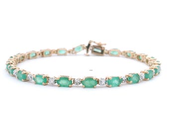14k Yellow Gold Emerald & Diamond Tennis Bracelet - Vintage Gemstone Jewelry