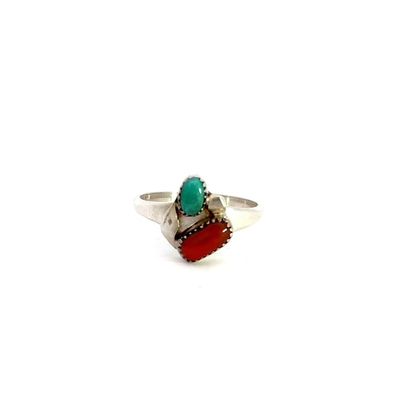 Turquoise & Coral Sterling Silver Ring South West… - image 1